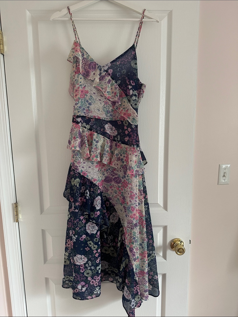 Aqua Navy and Pink Floral Ruffle Slip Dress
